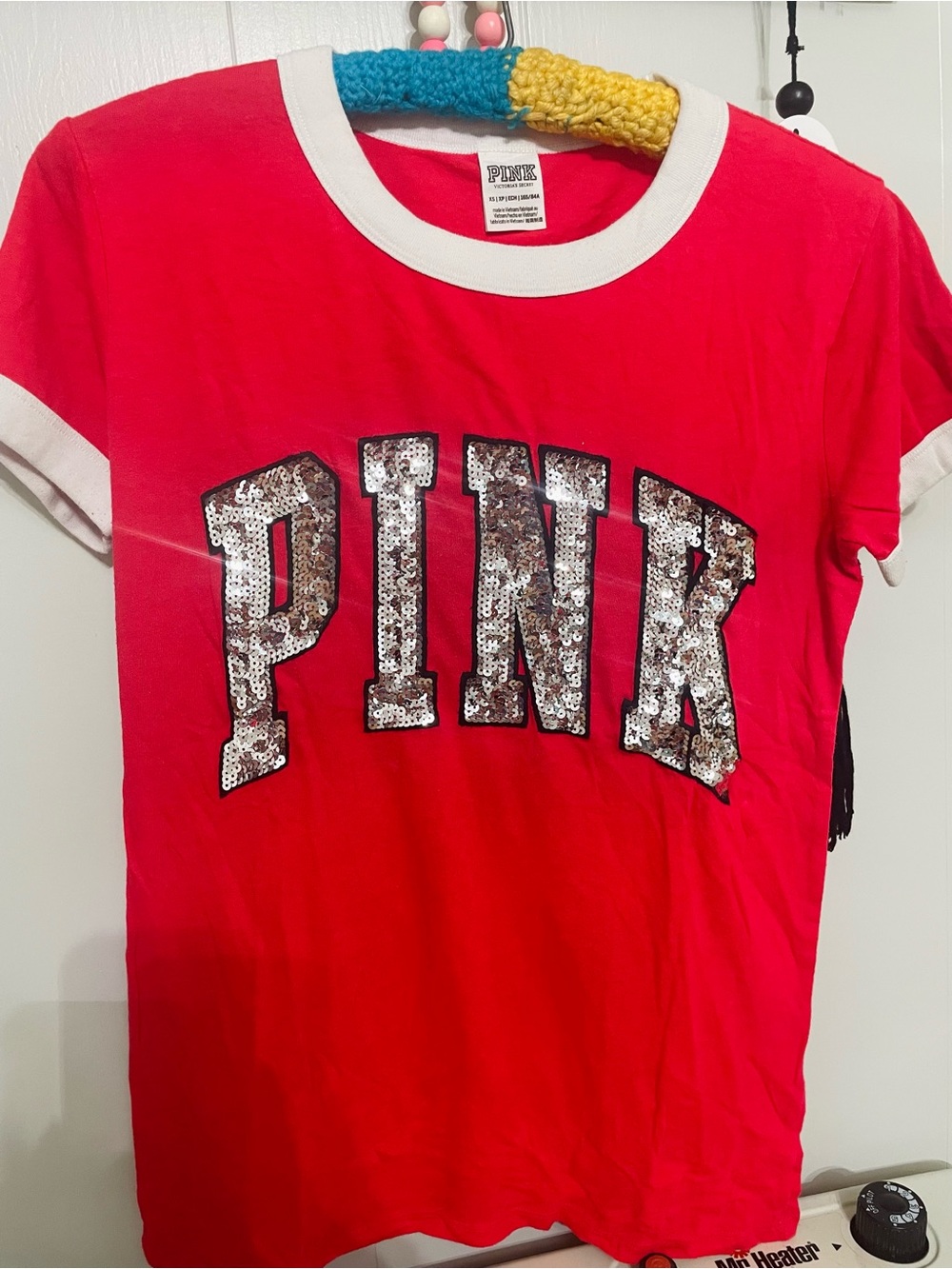 PINK Victoria's Secret Red Ringer Tee with Sequin Logo